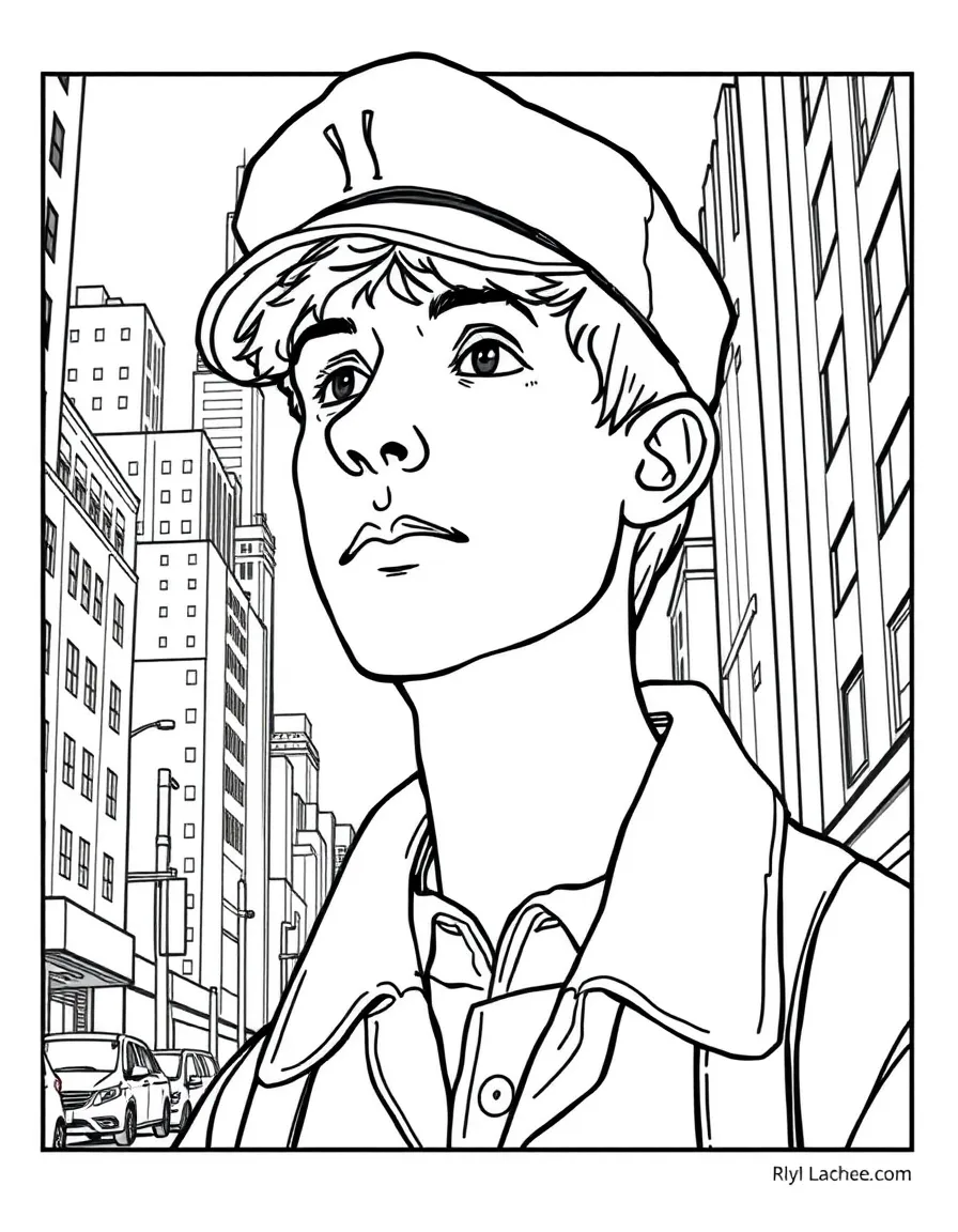 Holden Caulfield from "Catcher in the Rye" wearing his red hunting cap in New York