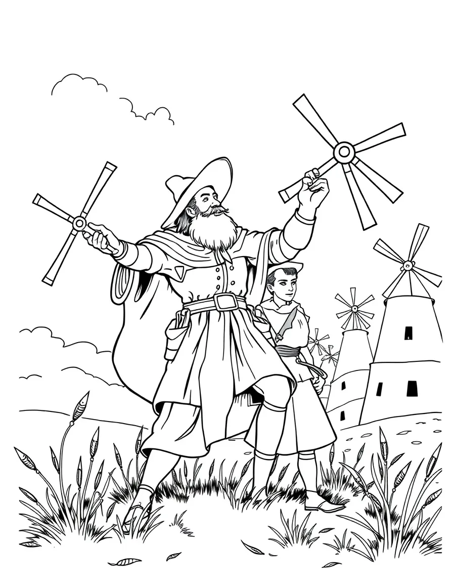 Don Quixote tilting at windmills with Sancho Panza watching