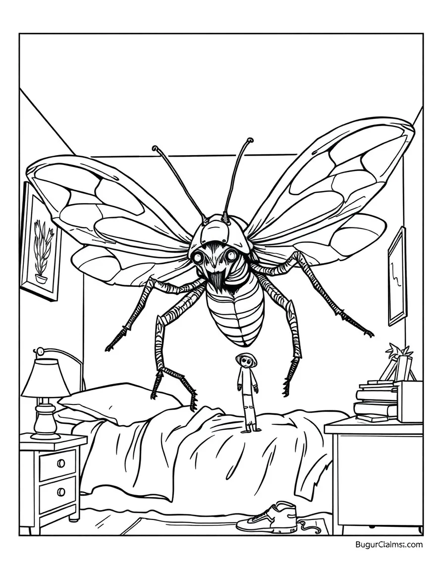 Gregor Samsa transformed into a giant insect in his bedroom