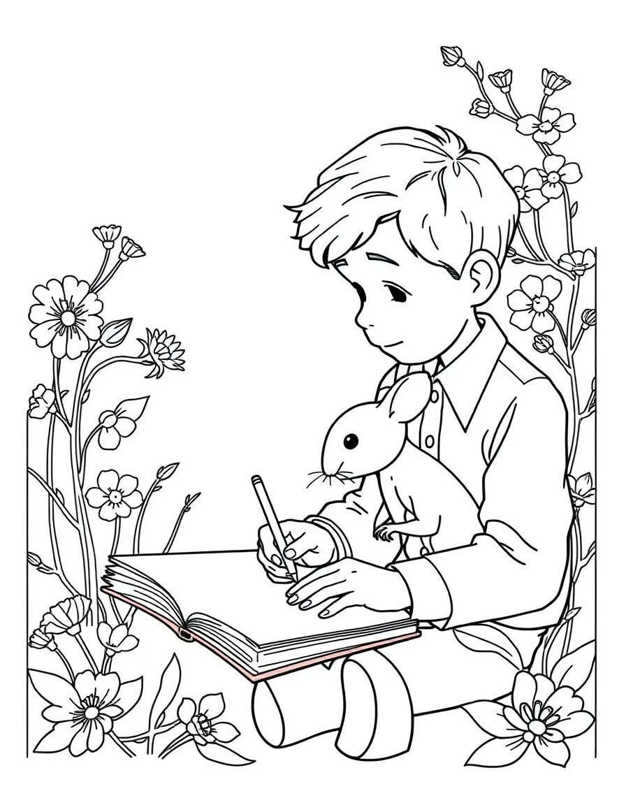 Charlie from "Flowers for Algernon" writing in his journal with Algernon the mouse