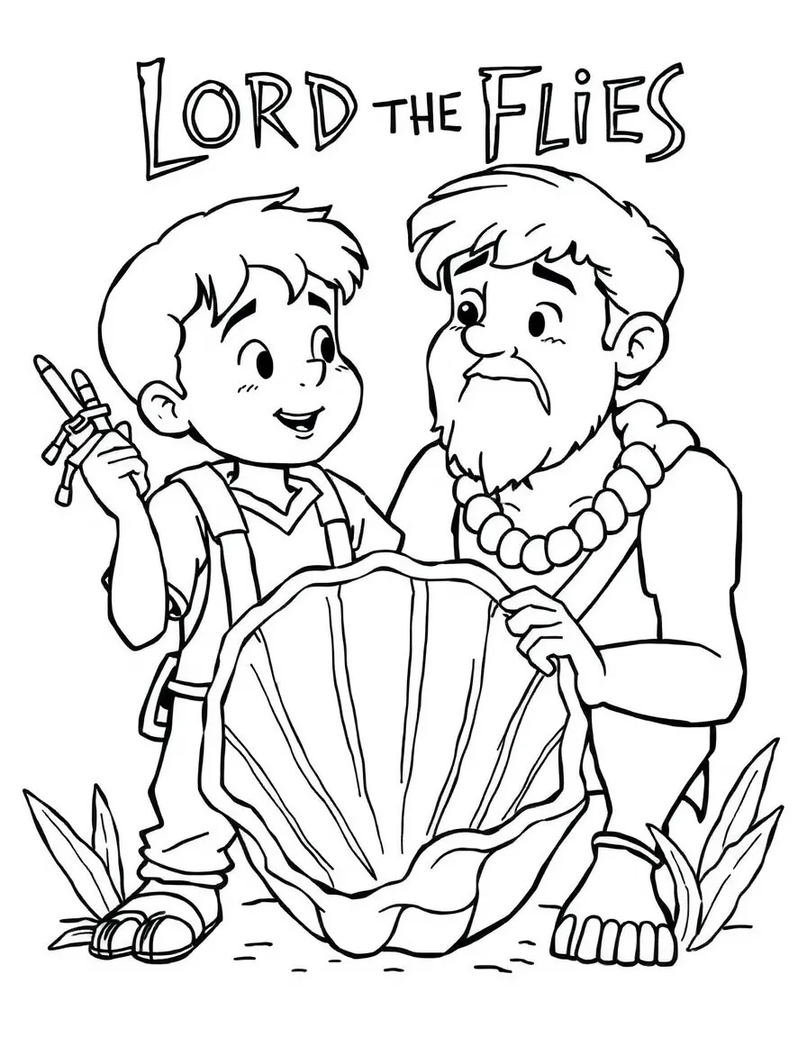 Jack and Ralph from "Lord of the Flies" with the conch shell