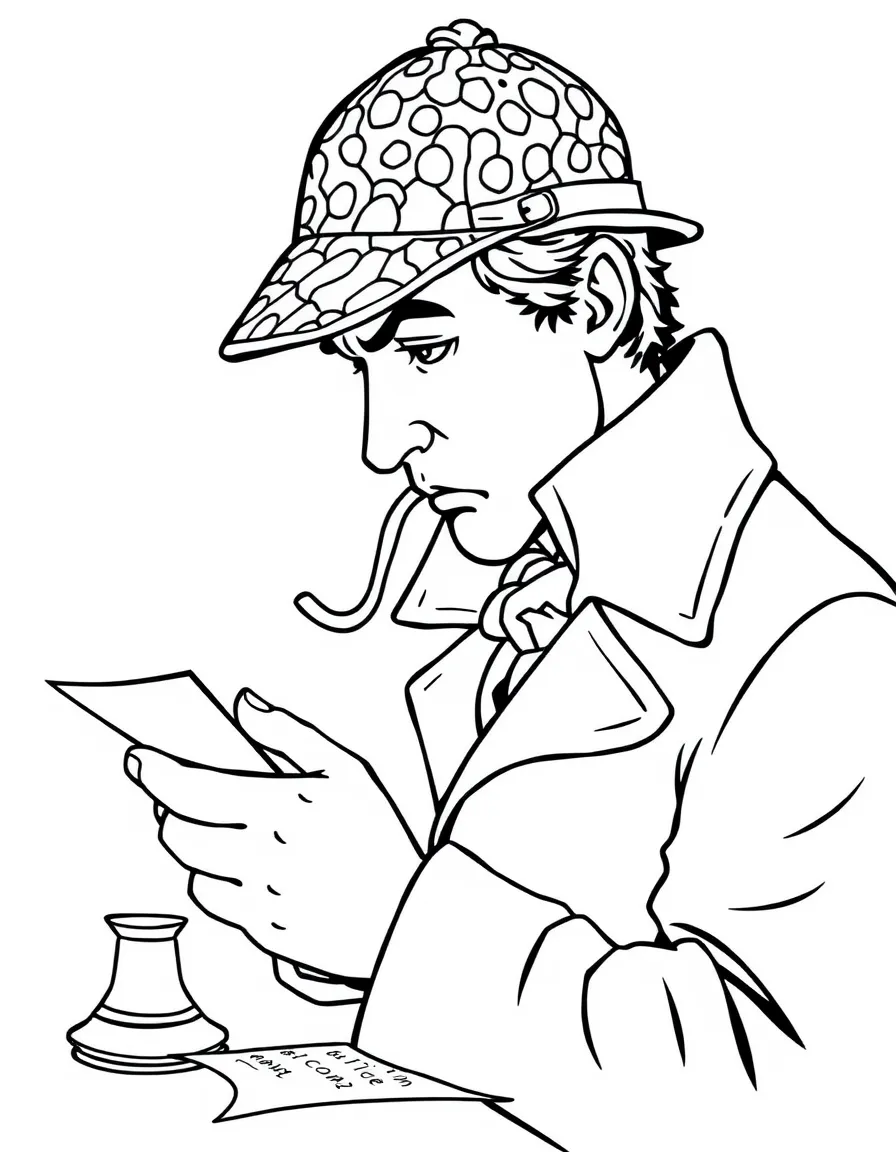 Sherlock Holmes with his deerstalker hat examining clues