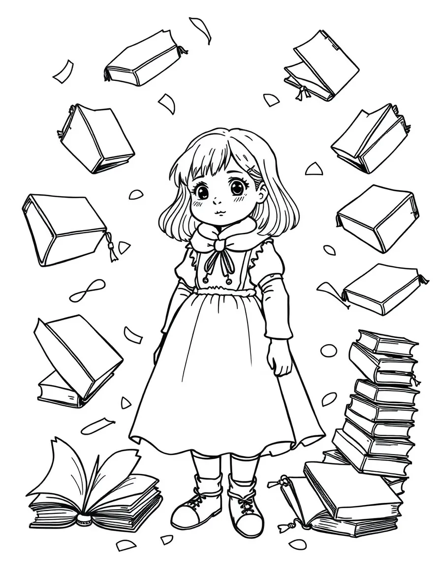 Matilda Wormwood surrounded by floating books
