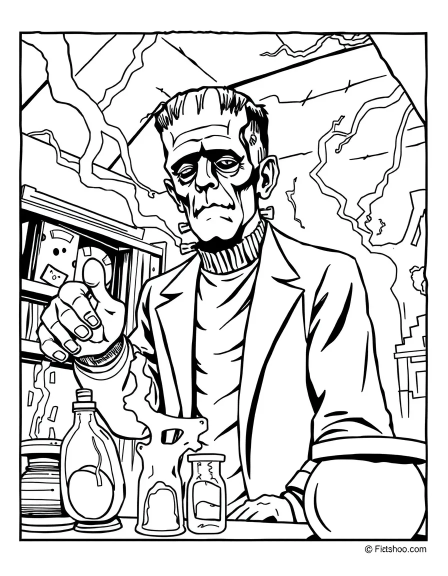 Victor Frankenstein in his laboratory with lightning