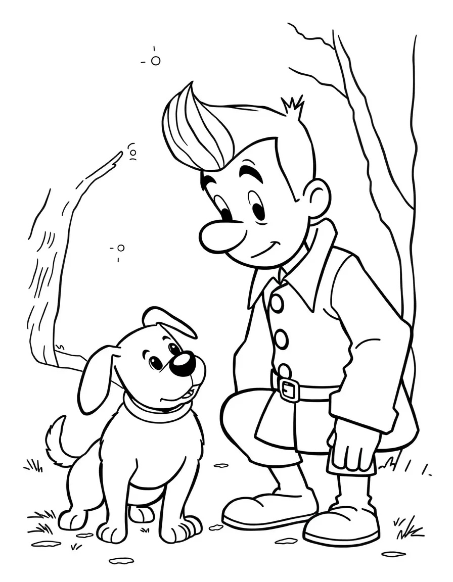 Tintin with his quiff hairstyle and Snowy the dog investigating