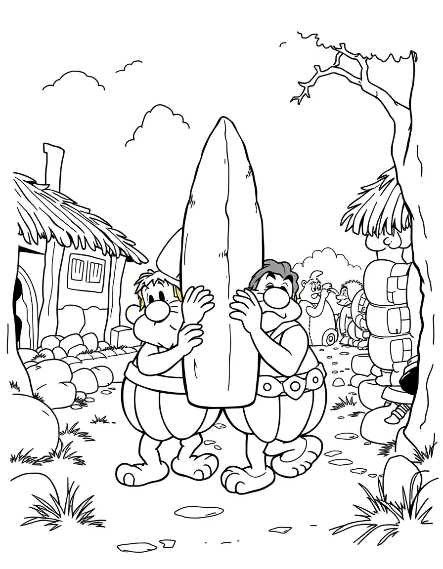 Asterix and Obelix carrying a menhir through their Gaulish village