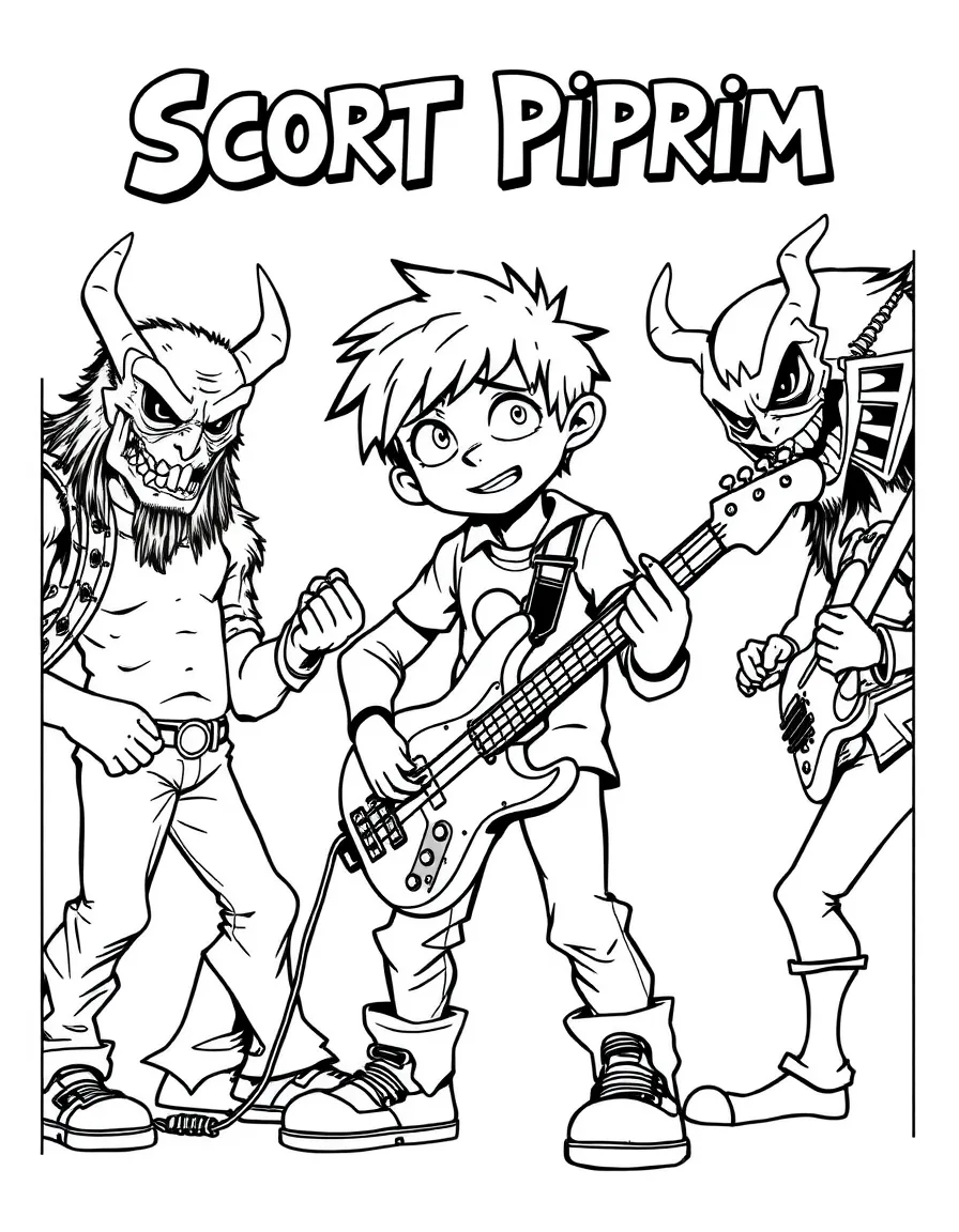 Scott Pilgrim playing bass guitar facing the evil exes