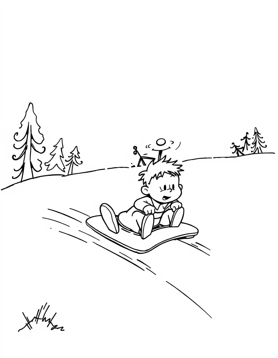 Calvin and Hobbes sledding down a snowy hill