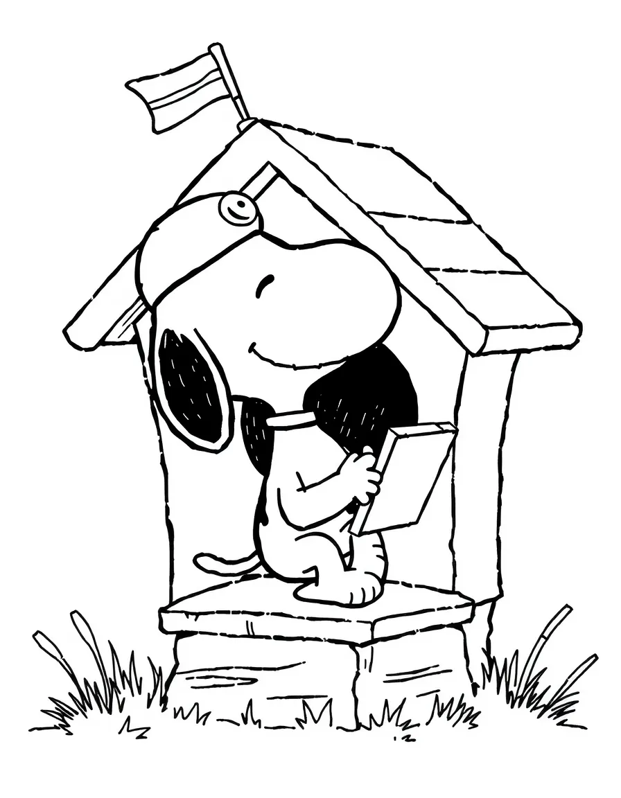 Snoopy typing on his doghouse as the World War I Flying Ace