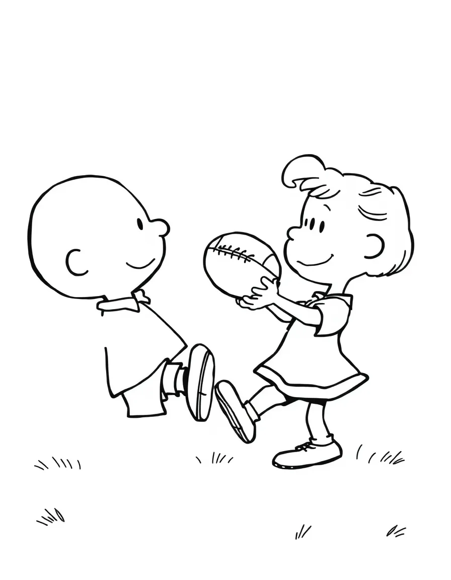 Charlie Brown kicking at a football held by Lucy