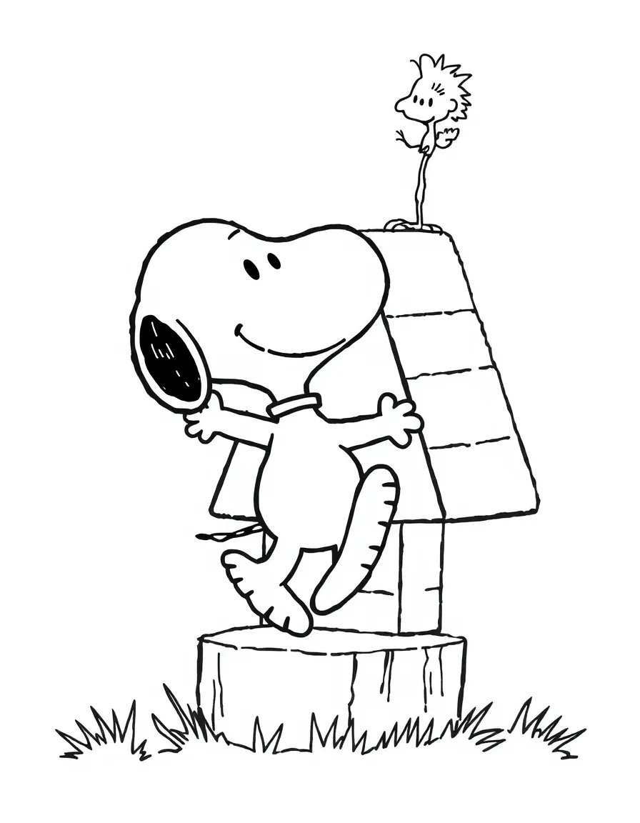 Snoopy dancing with Woodstock on his doghouse
