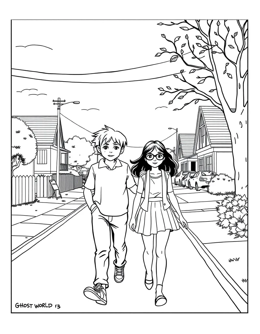 Ghost World's Enid and Rebecca walking down a suburban street