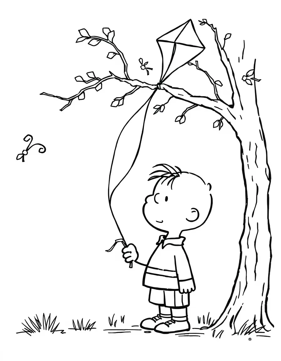 Charlie Brown with his kite tangled in a tree