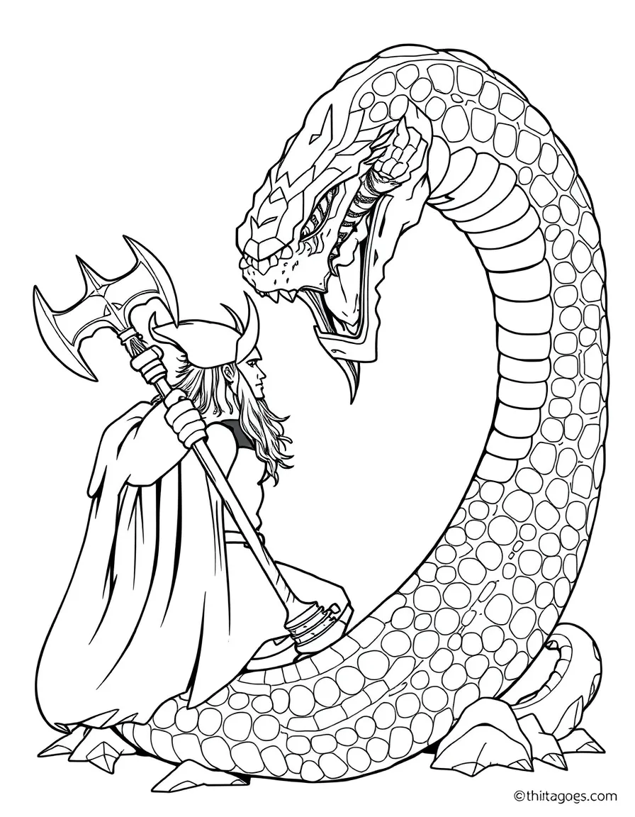 Thor with Mjölnir facing Jörmungandr the World Serpent