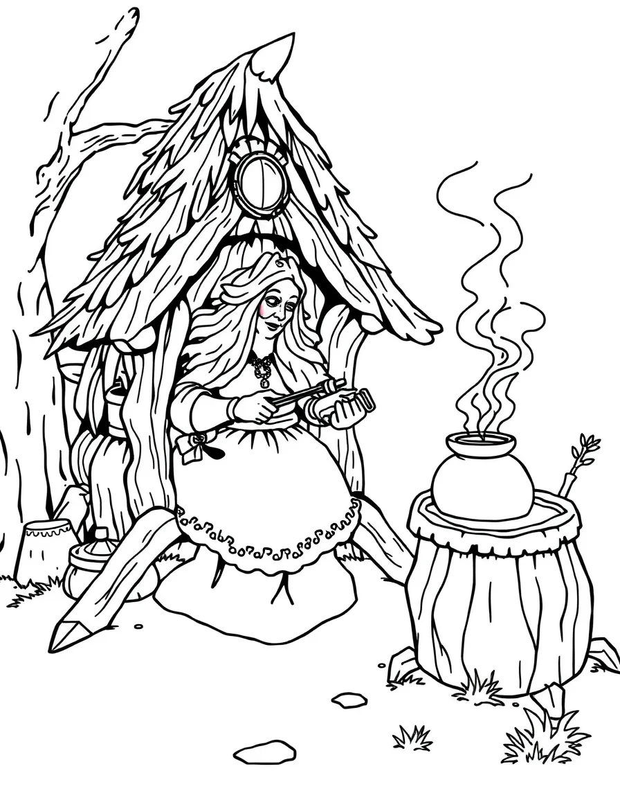 Baba Yaga in her chicken-legged hut brewing potions