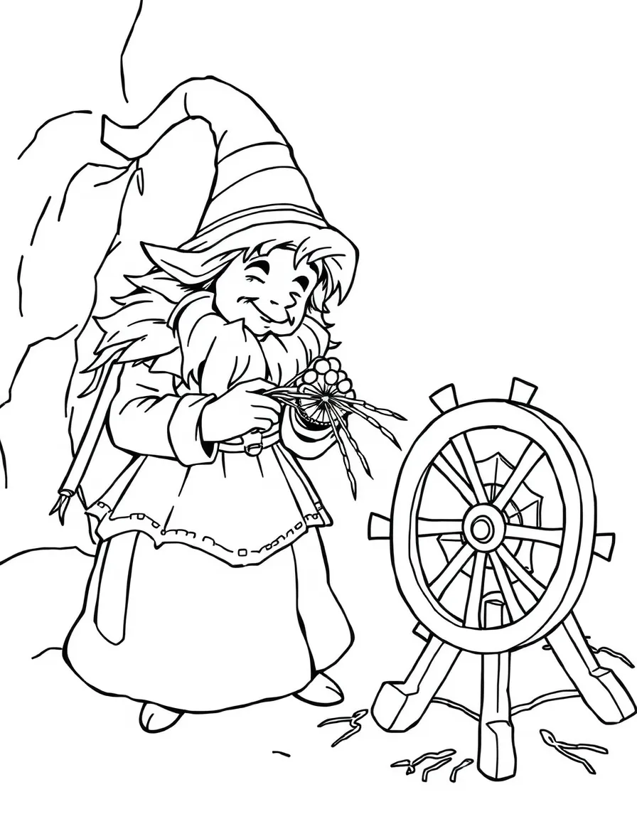 Rumpelstiltskin spinning straw into gold beside a spinning wheel