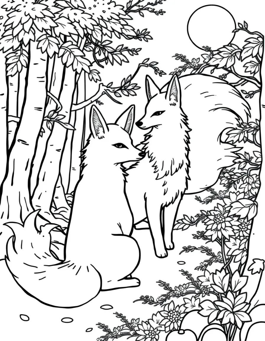 Kitsune fox spirits with multiple tails in a Japanese forest
