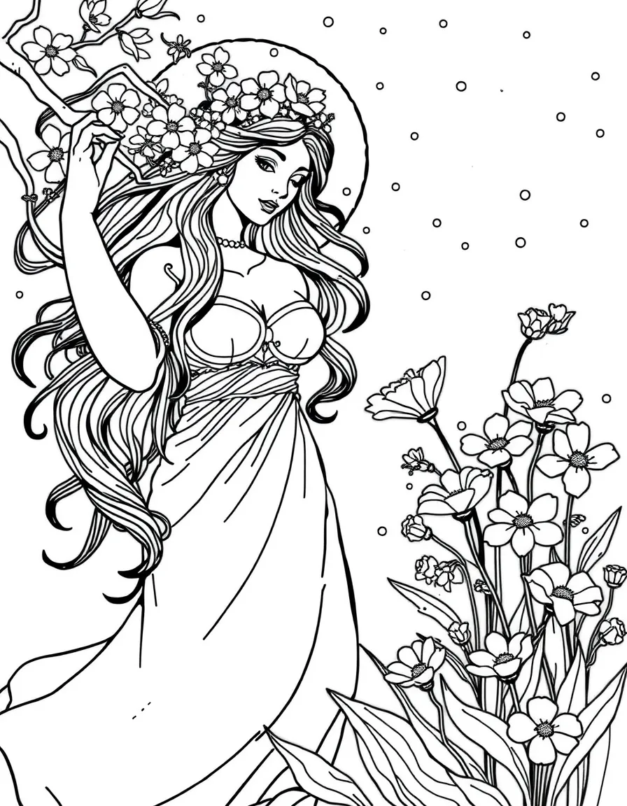 Persephone returning to the surface world with spring flowers blooming