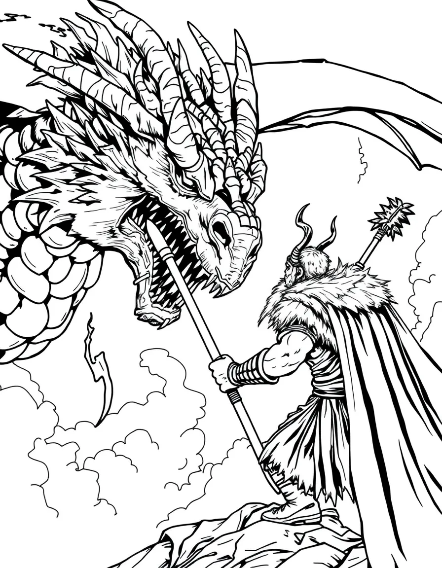 Beowulf facing the dragon in his final battle