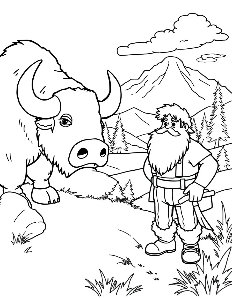 Paul Bunyan with Babe the Blue Ox creating landscapes