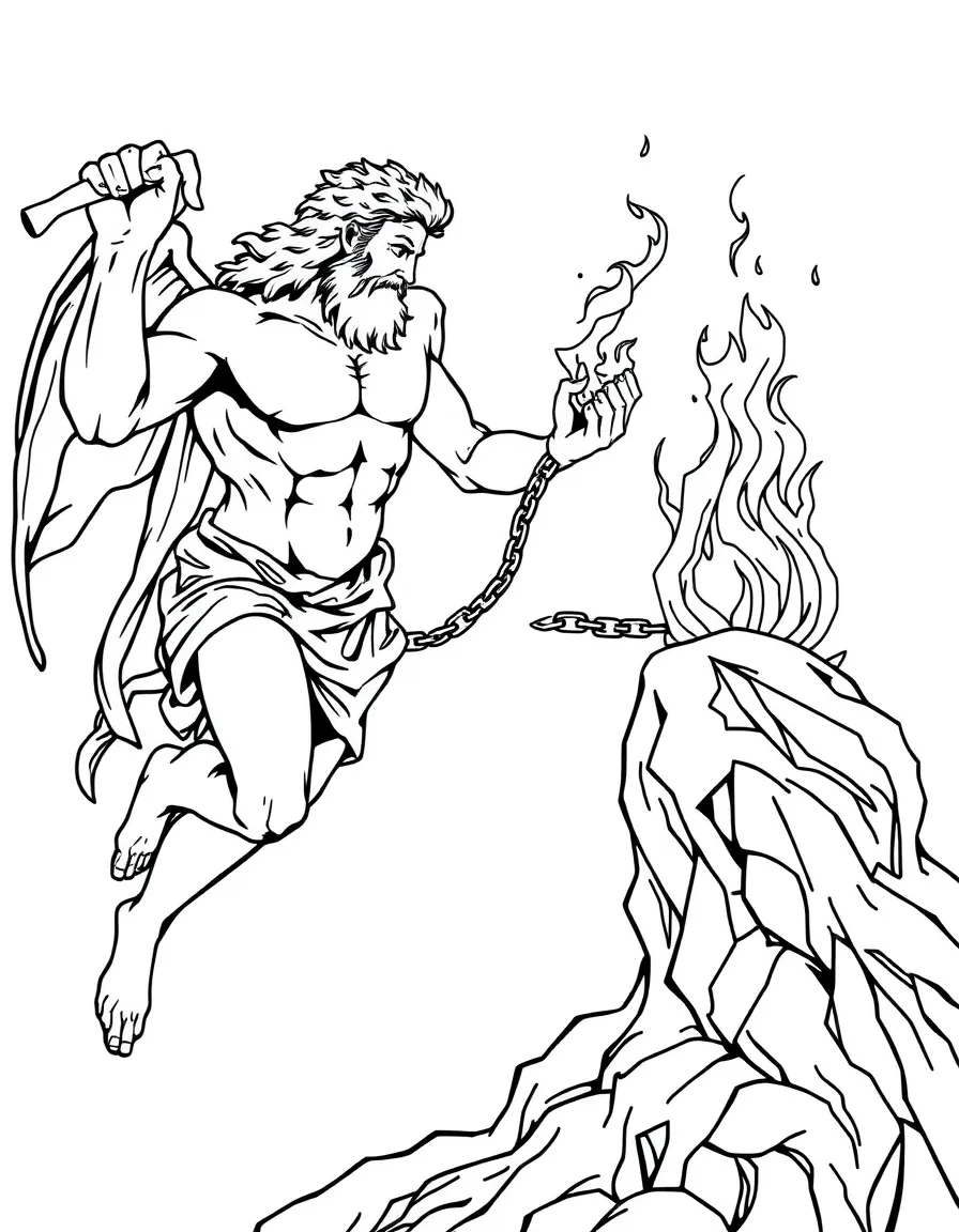 Prometheus giving fire to humanity while chained to a rock