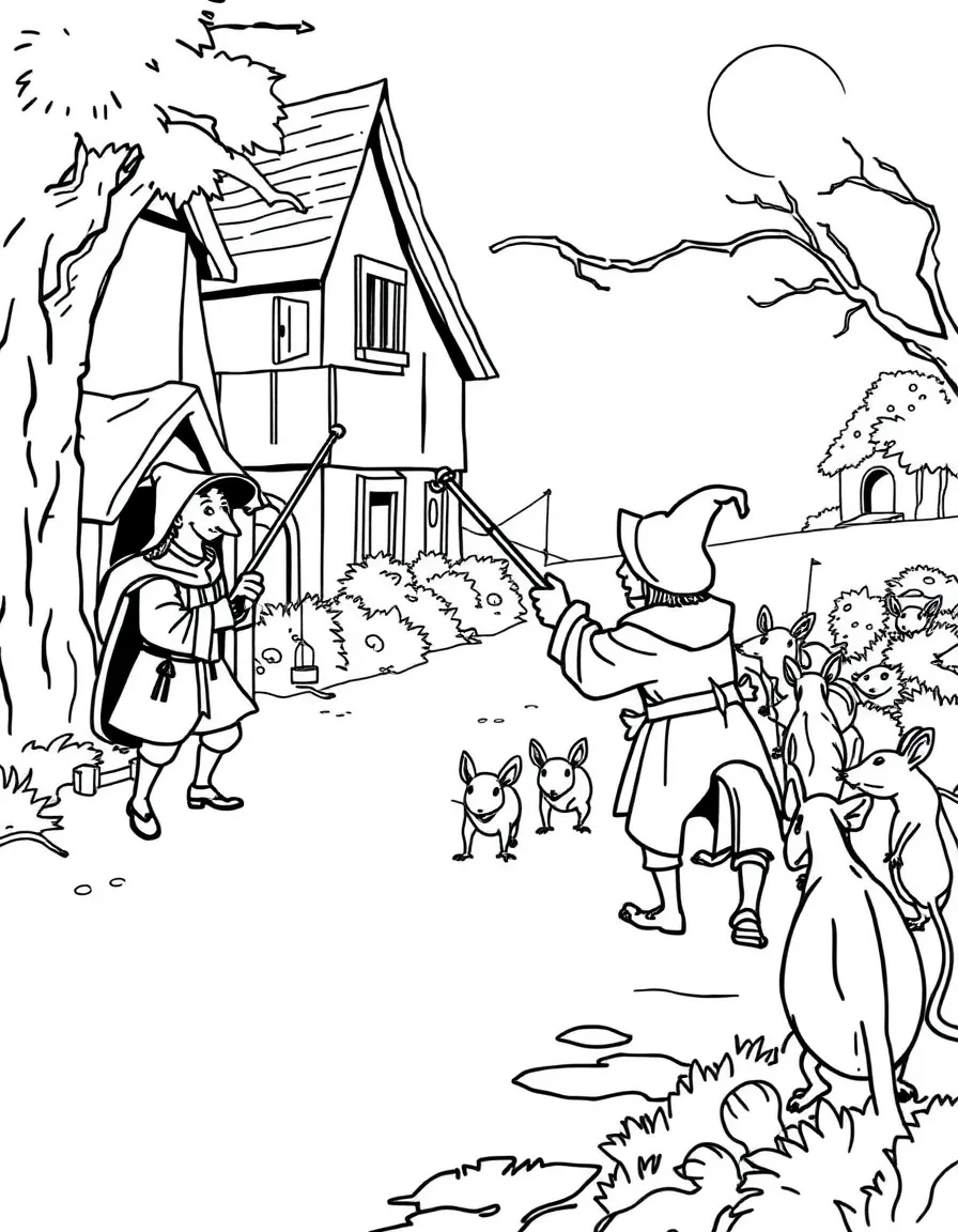 The Pied Piper leading rats away from Hamelin