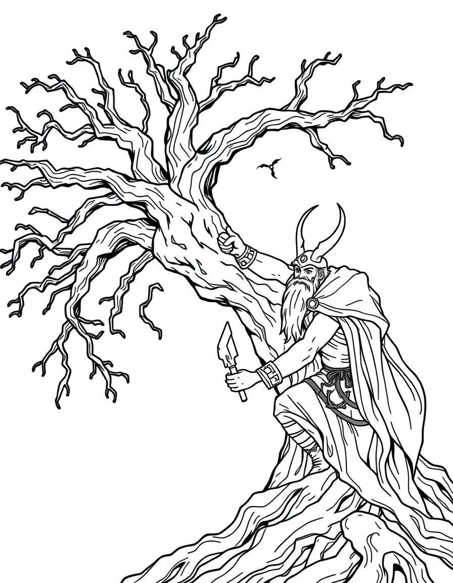 Odin sacrificing himself on Yggdrasil for wisdom