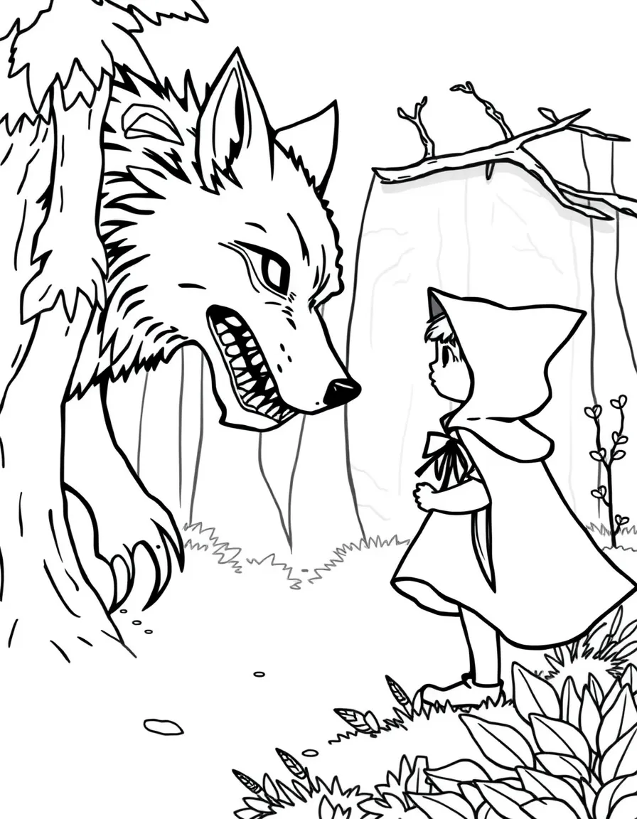 Little Red Riding Hood meeting the wolf in the forest
