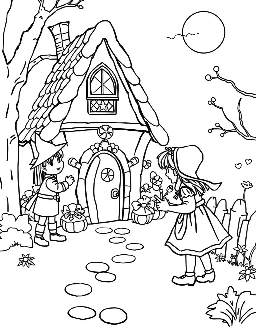 Hansel and Gretel finding the witch's candy house