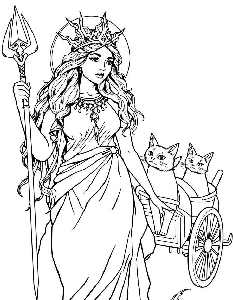 Freya with her necklace and chariot pulled by cats