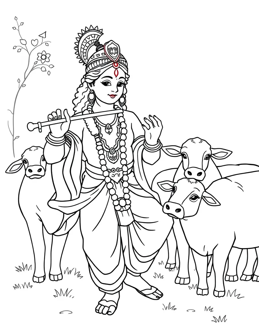 Krishna playing his flute with cows and gopis around him