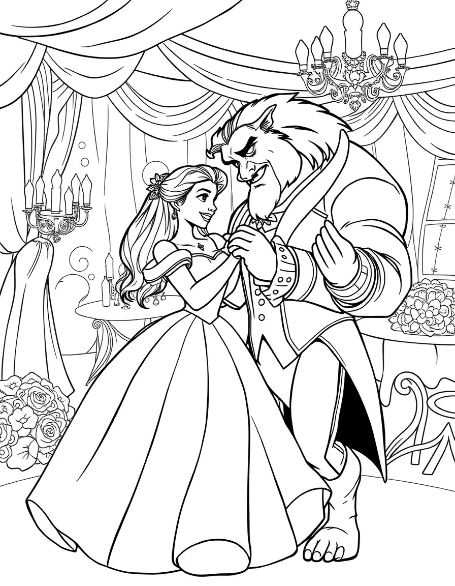 Beauty and the Beast dancing in the enchanted ballroom
