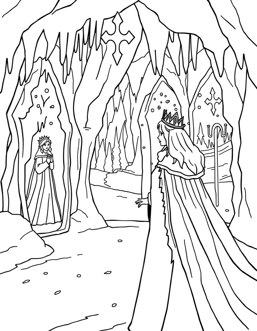 The Snow Queen in her ice palace with frozen mirrors