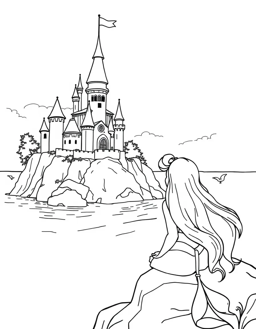 The Little Mermaid gazing at the prince's castle from a seaside rock