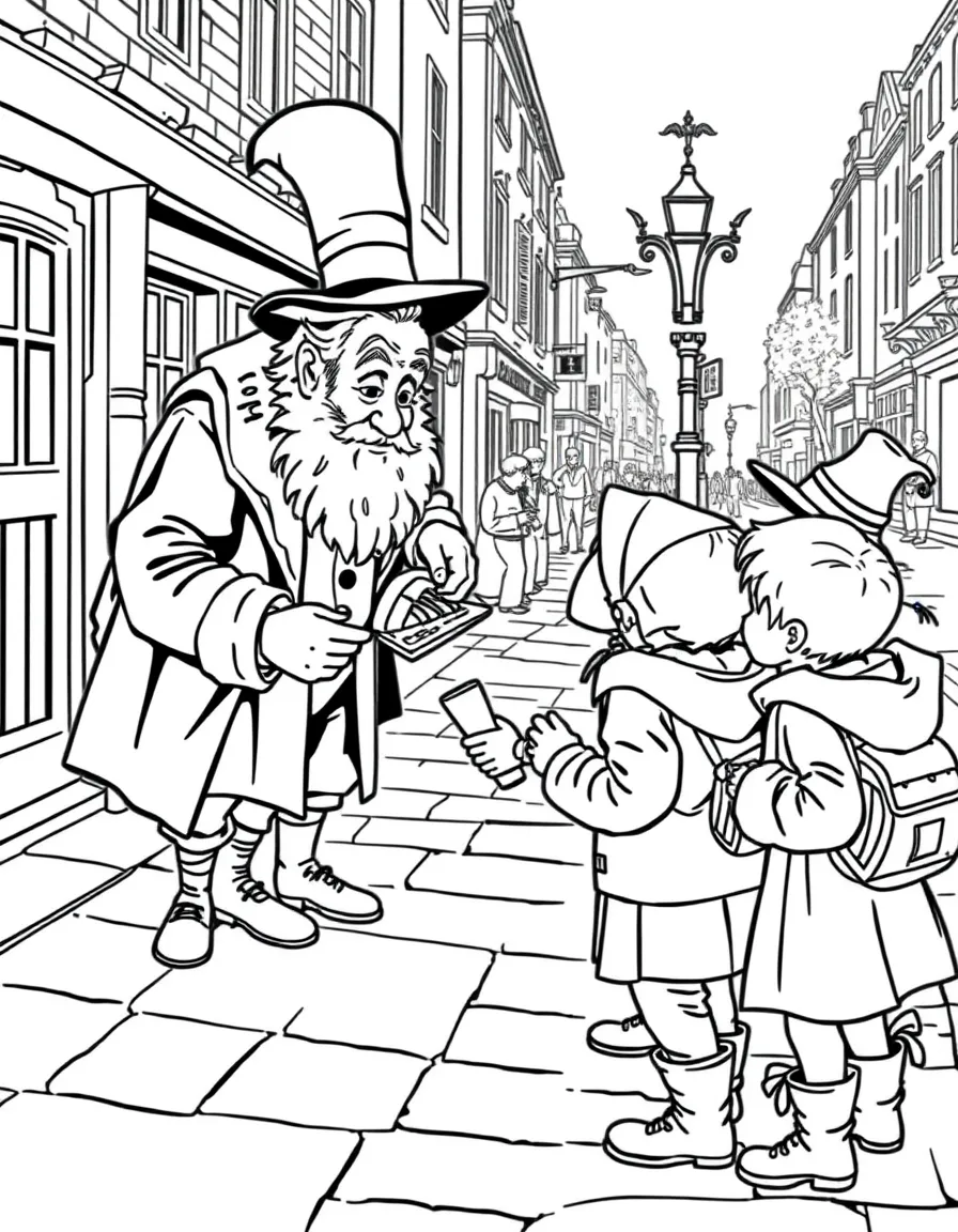 Fagin teaching orphans to pickpocket in Victorian London streets