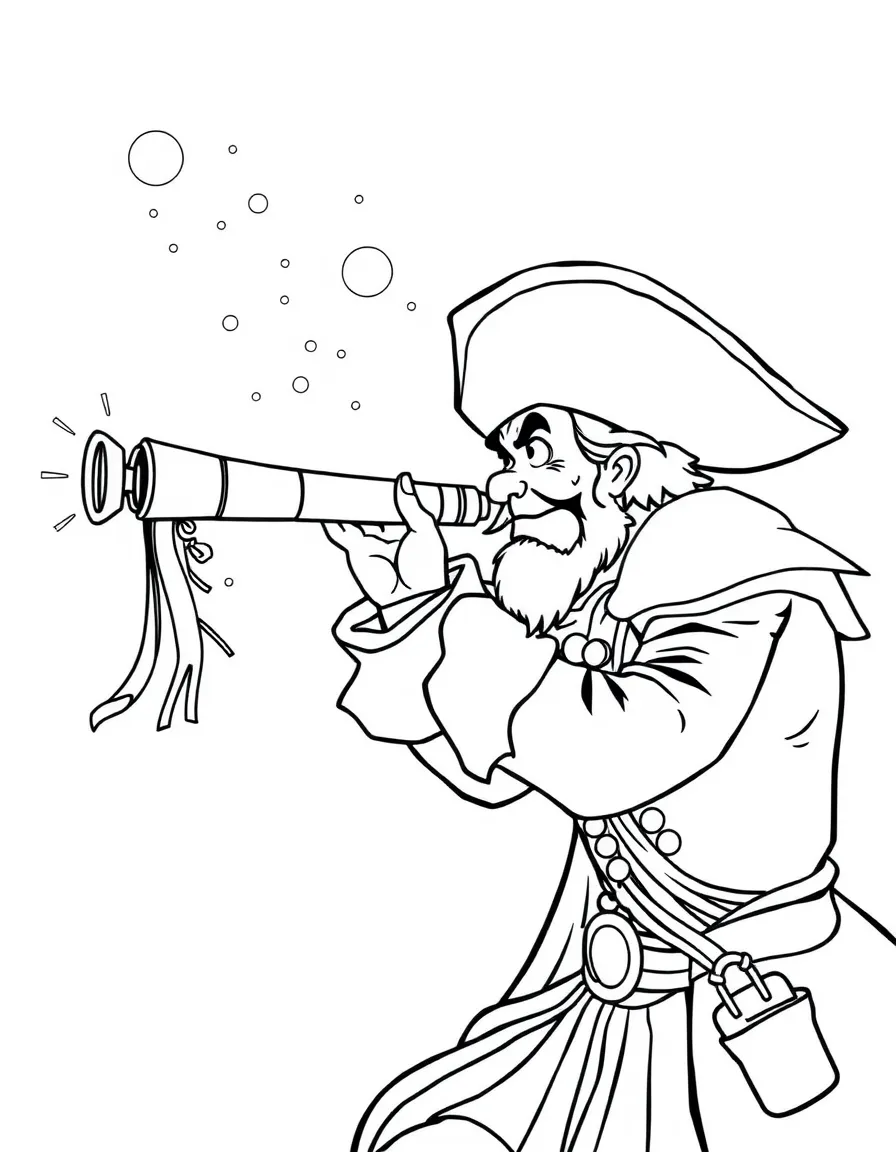 Captain Hook searching for Peter Pan with his telescope