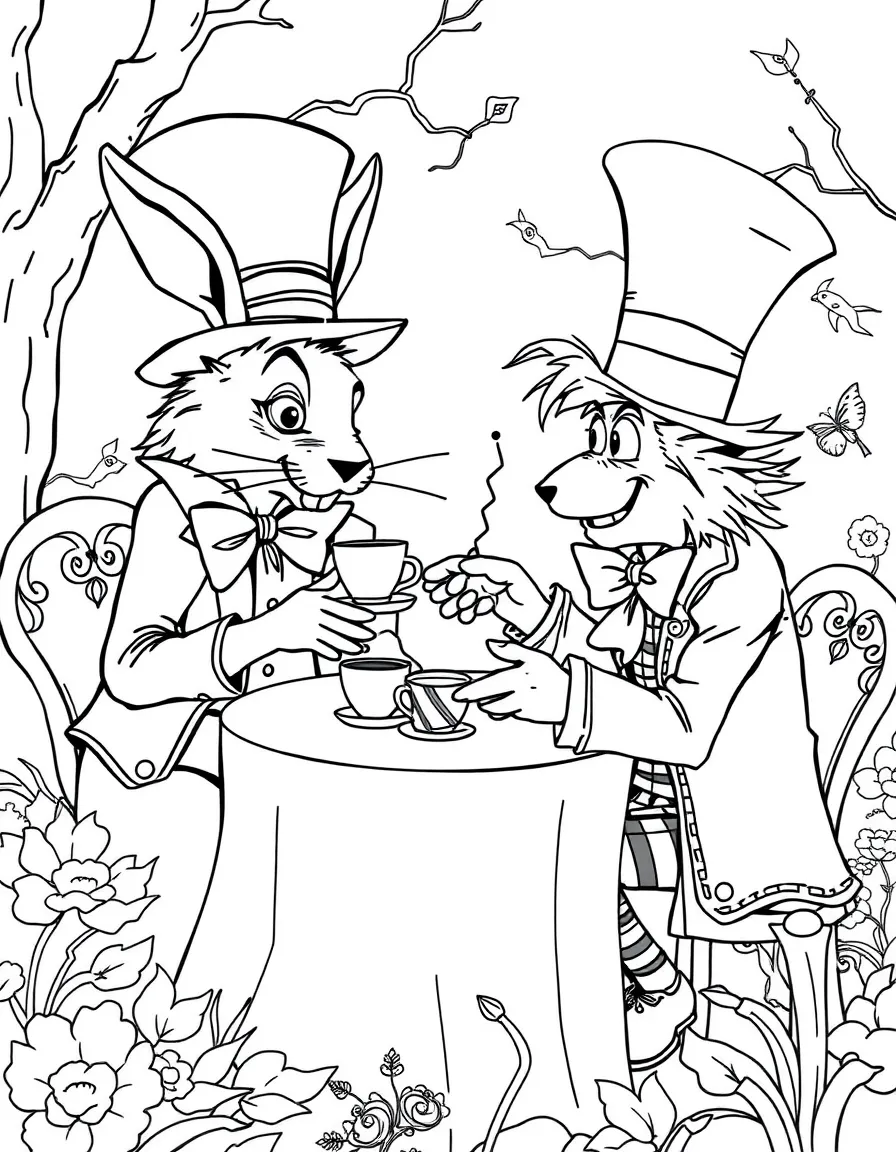 The March Hare and the Mad Hatter having tea in Wonderland