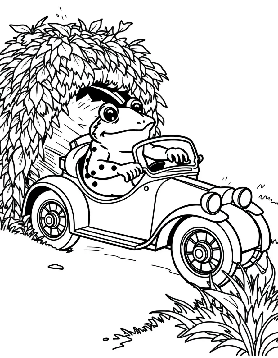 Toad of Toad Hall crashing his motorcar into a hedgerow