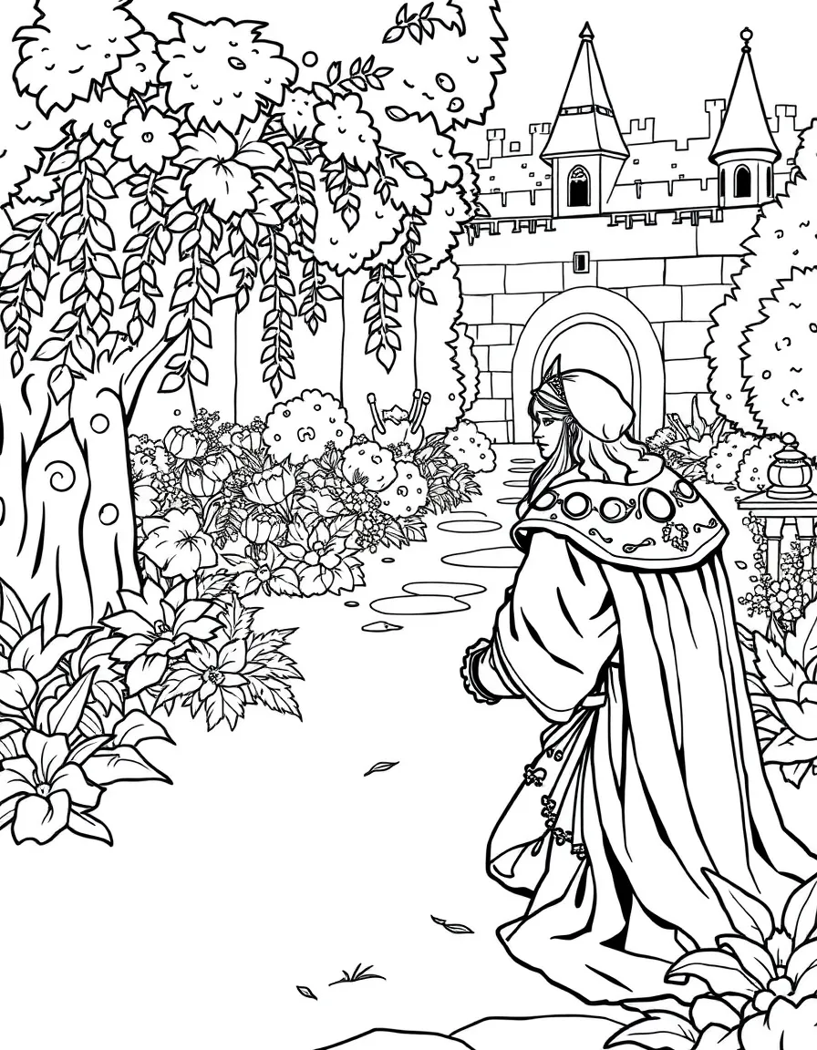 Sir Lancelot kneeling before Guinevere in Camelot's garden