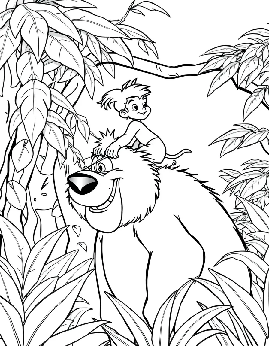 Mowgli riding on Baloo's shoulders in the jungle