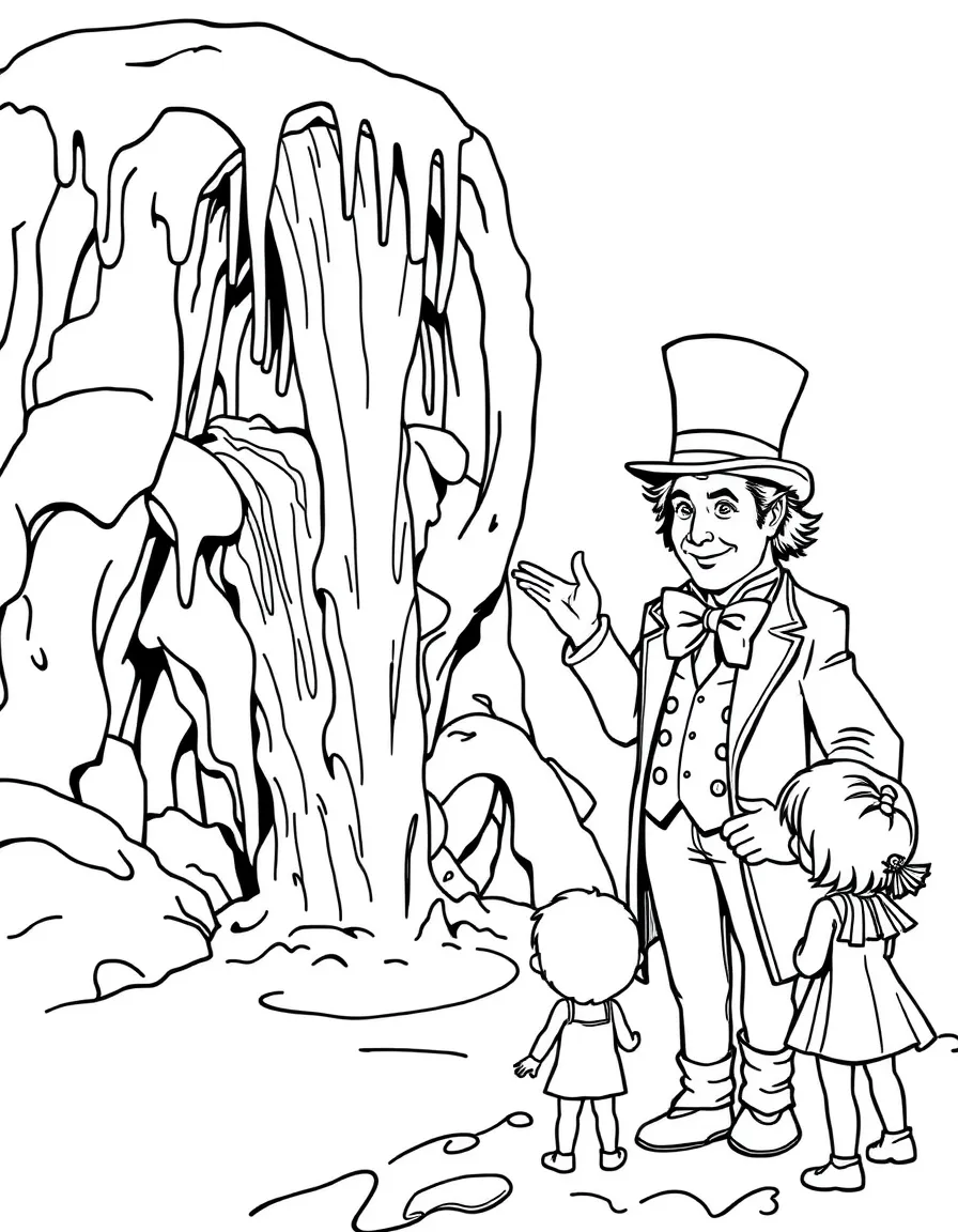 Willy Wonka showing children his chocolate waterfall