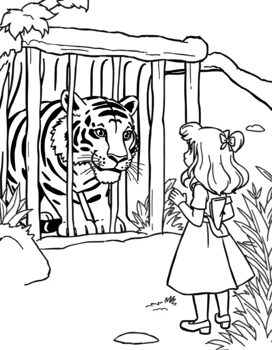 Madeline standing bravely at the tiger's cage in the zoo