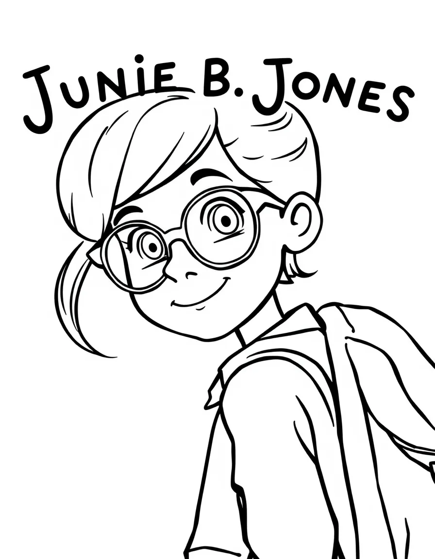 Junie B. Jones with her glasses and backpack on the first day of school