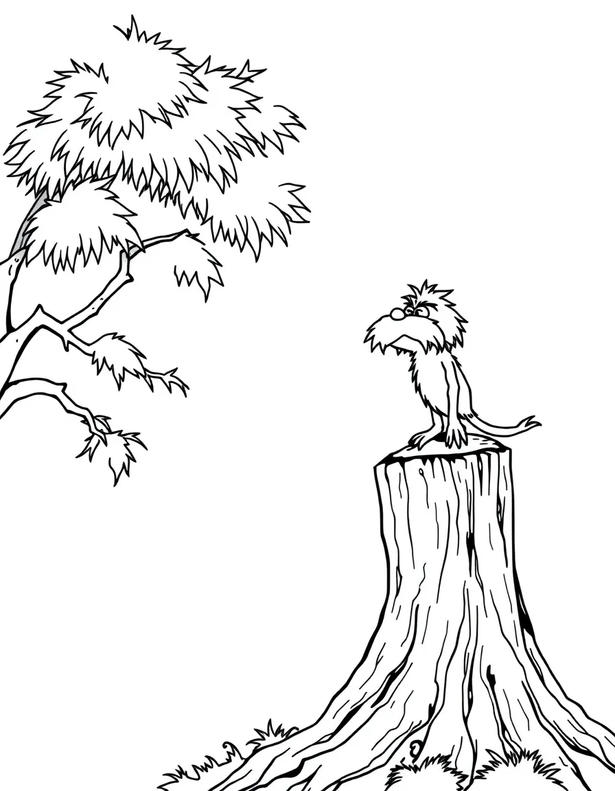 The Lorax standing on top of a tree stump speaking for the trees