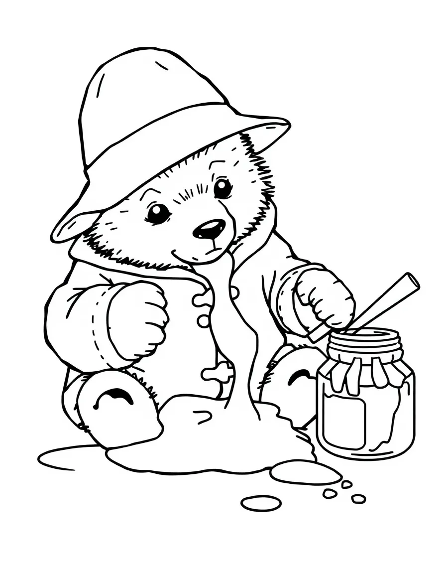 Paddington Bear making a mess while eating marmalade