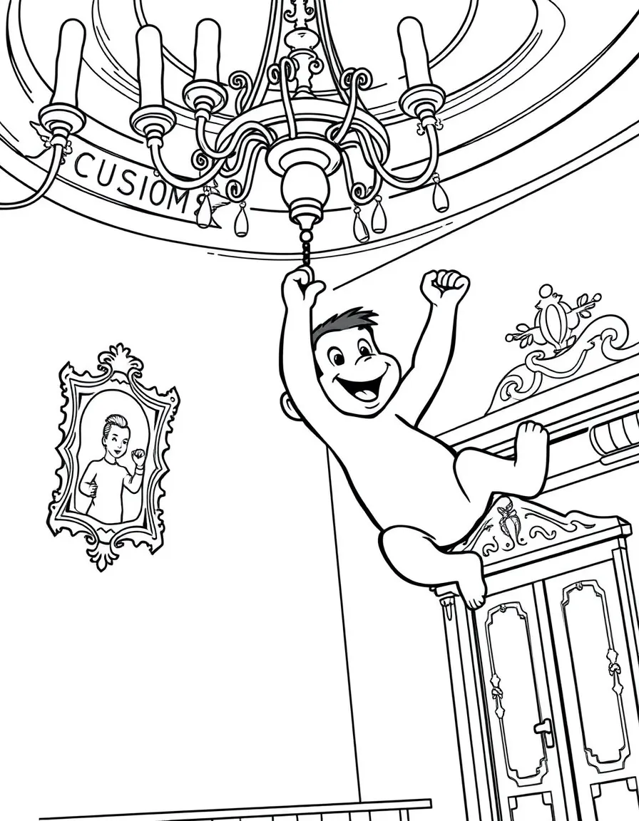 Curious George swinging from a chandelier in a museum
