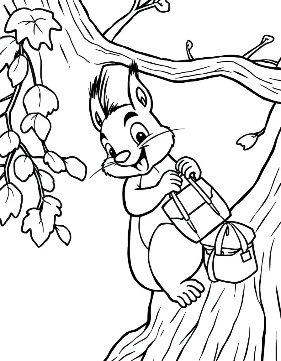 Scaredy Squirrel preparing his emergency kit in his tree