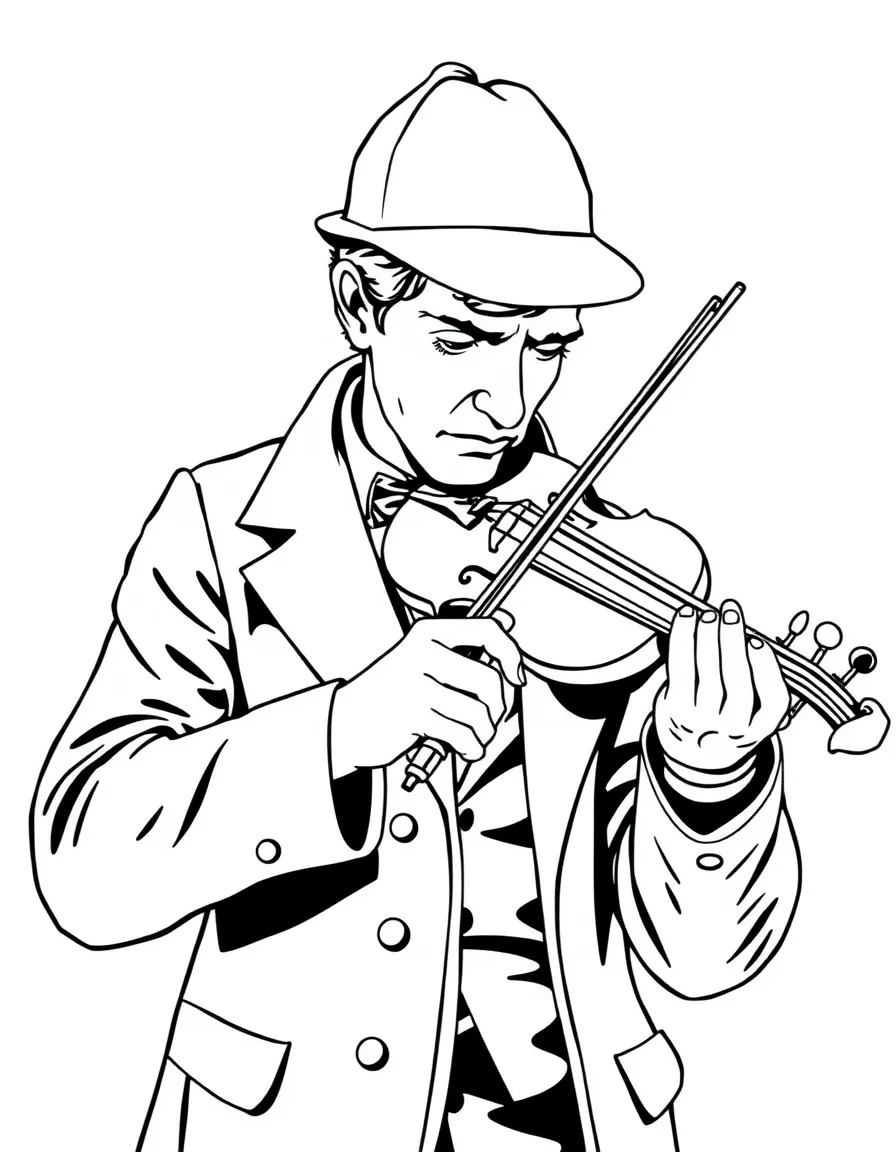 Sherlock Holmes playing violin while thinking through a case