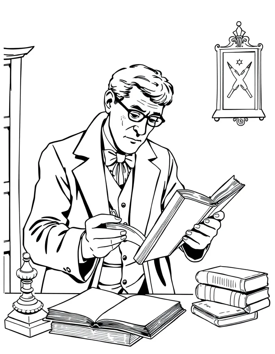 Lord Peter Wimsey examining a rare book for clues
