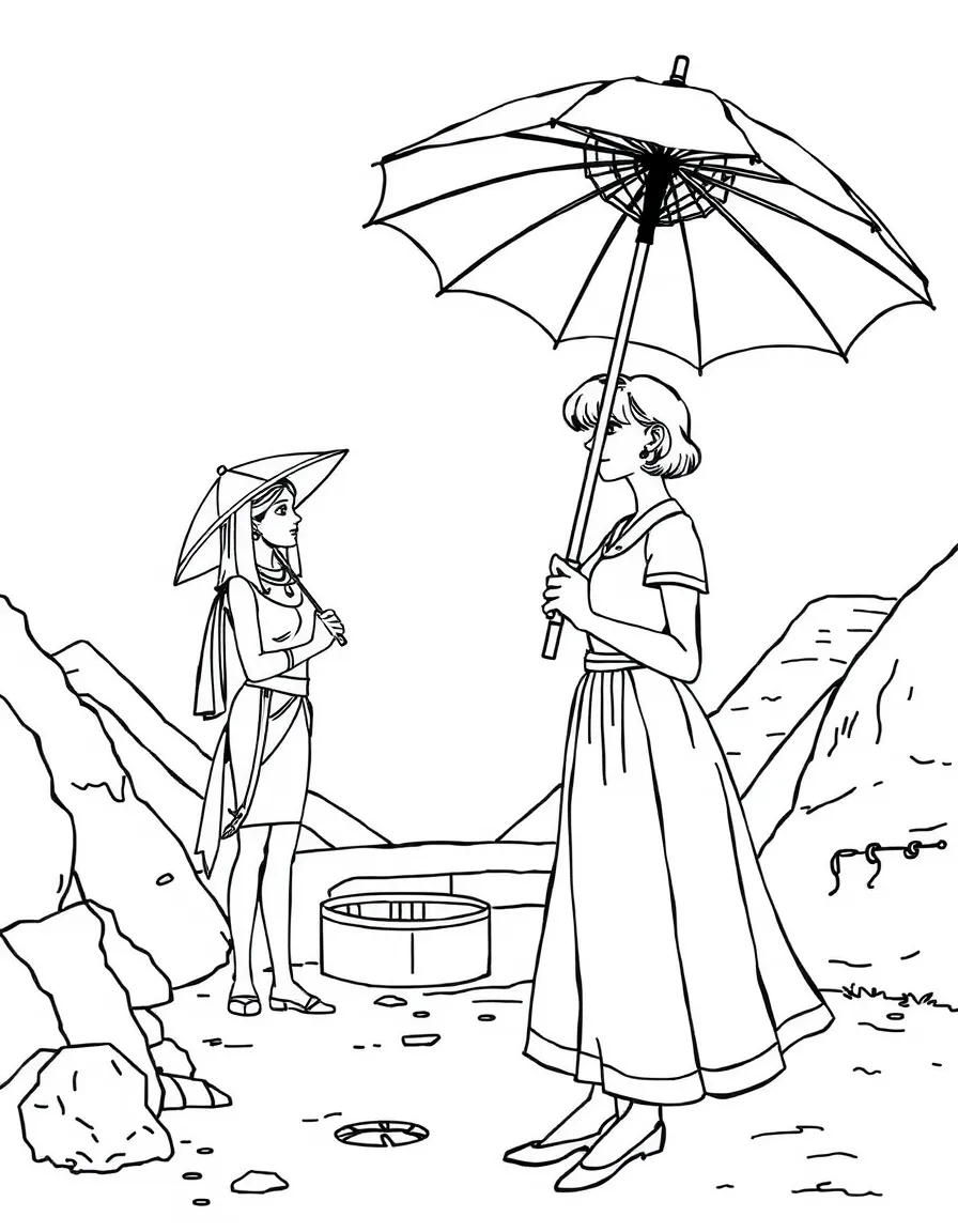 Amelia Peabody with her parasol at an Egyptian excavation